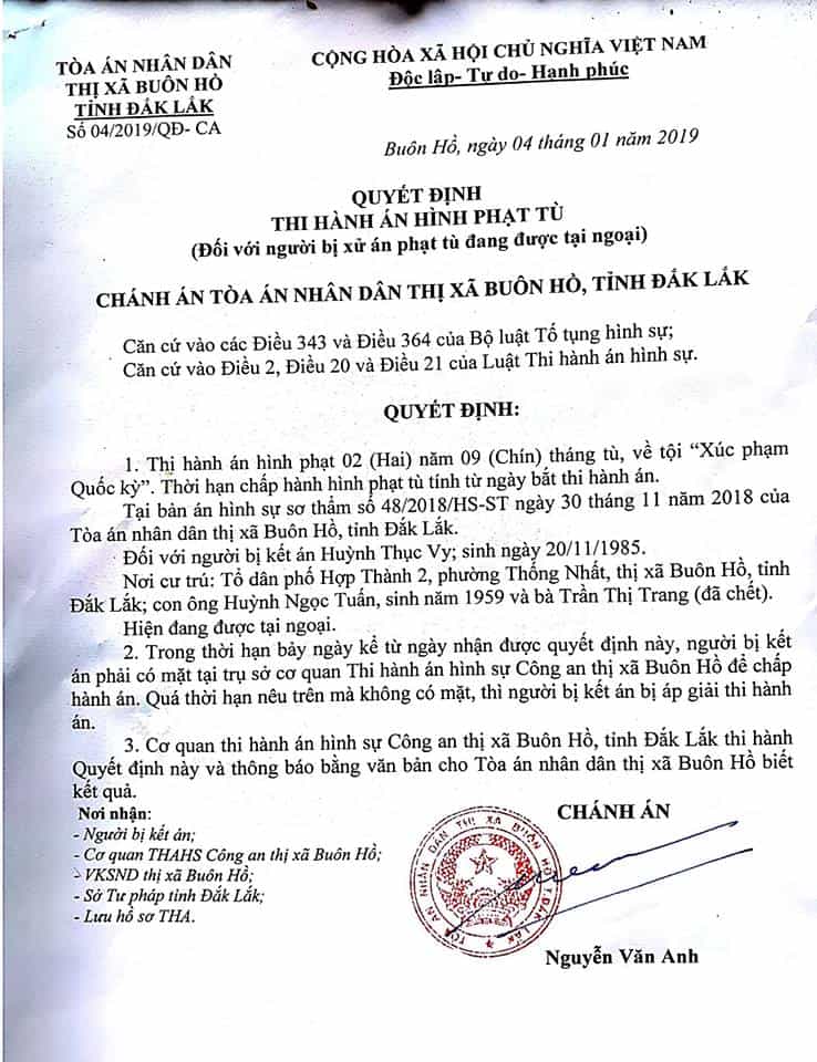 huynh thuc vy decision on judgement execution facebook huỳnh thục vy